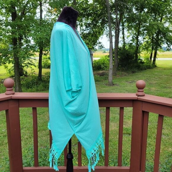 Catalina Woman's Swimsuit Cover up, beach cover up Kimono, Teal Cream , Large - Picture 4 of 11